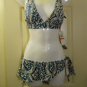 Deep teal & cream bikini side tie ruffle skirt
